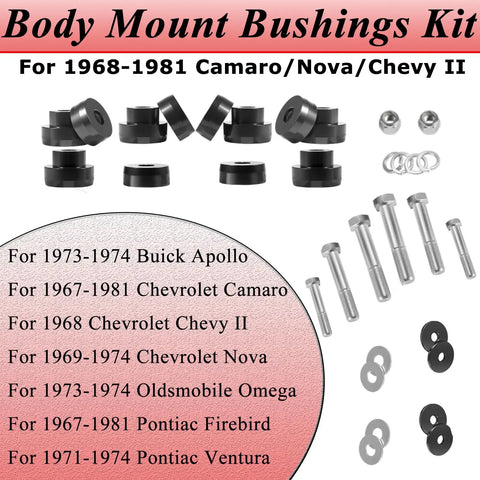 CNC Billet Aluminum Body Mount Bushings Kit For Camaro Nova Chevy II 1968 1981, bolts, washers, and mounts displayed.