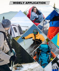 Collage of outdoor gear use including tents, jackets, and skiing, illustrating 8 Pack Nylon Repair Patches Self Adhesive 7.87 By 5.9 Inch.