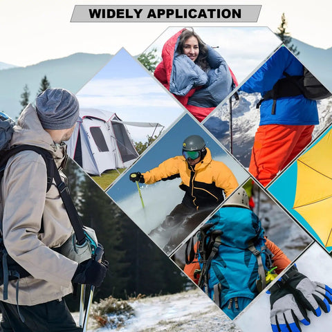 Collage of outdoor gear use including tents, jackets, and skiing, illustrating 8 Pack Nylon Repair Patches Self Adhesive 7.87 By 5.9 Inch.