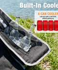 Two Pack Lightweight Folding Camping Chairs For Adults With 4 Can Cooler Bag Cup Holder And Carry Bag For Tailgating Beach Fishing Or Outdoor Hangouts Black showcasing built-in cooler with ice and bottles by a lake