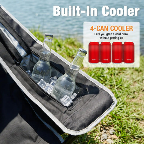 Two Pack Lightweight Folding Camping Chairs For Adults With 4 Can Cooler Bag Cup Holder And Carry Bag For Tailgating Beach Fishing Or Outdoor Hangouts Black showcasing built-in cooler with ice and bottles by a lake