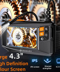 Endoscope Camera With Light 4.3 Inch HD Display showing gears on screen with Type C cable and control buttons