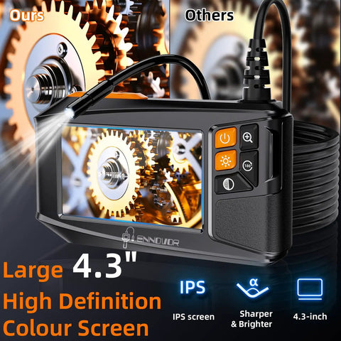 Endoscope Camera With Light 4.3 Inch HD Display showing gears on screen with Type C cable and control buttons
