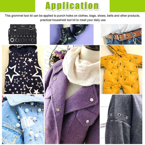 Applications of All In One Eyelet Grommet Kit With 240 Pcs on clothing, shoes, bags, showing detailed views of installed grommets.