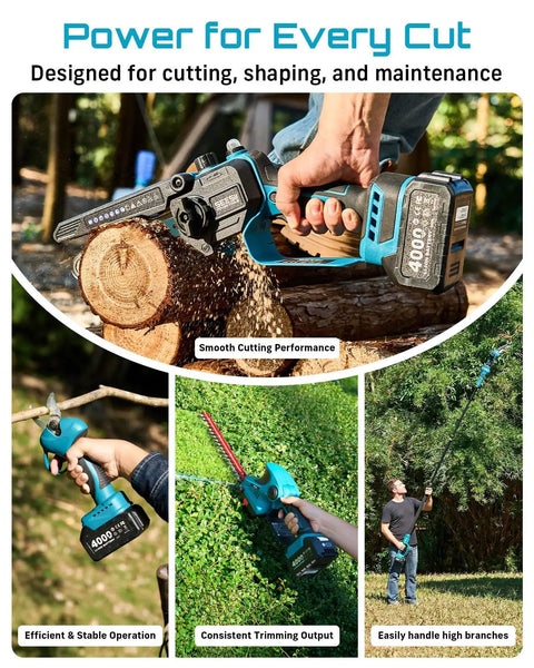 Cordless 8 In 1 Garden Tool Kit With Long Reach Pole Saw Hedge Trimmer Pruner And Grass Shears 4000mAh Battery Extendable Shaft Electric Yard Care System For No Fuss Outdoor Pruning And Lawn Maintenance in use.