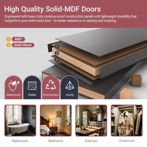 High quality solid-MDF doors with moisture-proof construction and examples of use in bathroom, bedroom, kitchen, and cloakroom.