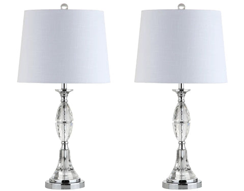 Crystal Glass Table Lamps Set Of 2 With Clear Chrome Finish, White Linen Drum Shade, Classic French Country Vibe For Bedroom Or Living Room