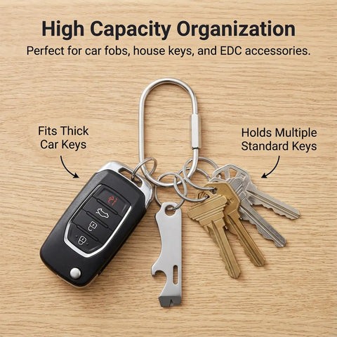 Durable Silver Stainless Steel Carabiner Key Ring With Secure Screw Lock Built To Last EDC Ready Bag Charm For Purses Handbags Tote Bags Backpack And Keys Rust Resistant Silver Finish with multiple keys and fob attached, showcasing capacity.