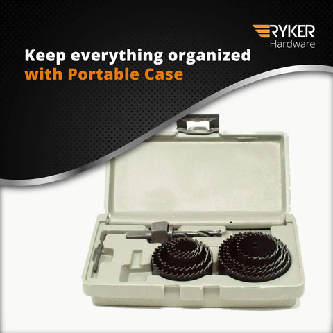 Hole Saw Kit For Wood Durable Carbon Steel With High Precision Cutting Teeth Includes Mandrel Hex Key And Case shown in case