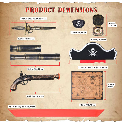 Swashbuckling Pirate Costume Kit With Telescope, Compass, Eye Patch, Plastic Pistol, Plastic Sword, Hat, Belt, And Treasure Map For Halloween Cosplay, Parties, And Dress Up Adventures product dimensions chart