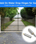 5 Pack Weld On Water Drop Gate Hinges For Doors And Fences, steel with gray finish and copper pad, shown on iron gate