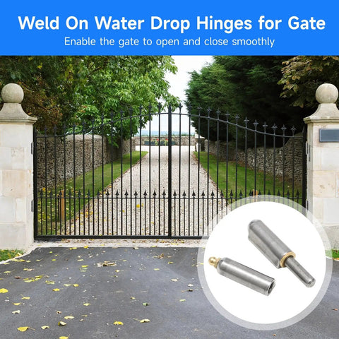 5 Pack Weld On Water Drop Gate Hinges For Doors And Fences, steel with gray finish and copper pad, shown on iron gate