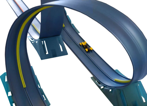 Two Lane 18-Foot Race Track Stunt Set With Ramps Hanger Pads Track Anchors Performance Insert Kit Anchor Bars And Adaptable Hanger System for high-speed racing with blue loop and yellow car