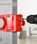 Door Lock Installation Kit For Wooden Doors With Guide Template And Carbon Steel Hole Saw Set, Includes Three Eighths Inch Triangle Shank Arbor, One Inch And Two And One Eighth Inch Hole Saws, Red Finish being used on a door