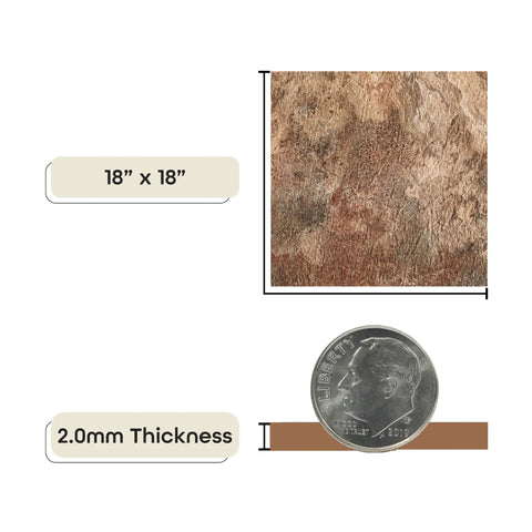 Peel And Stick 18 Inch Vinyl Floor Tiles 10 Piece Self Adhesive Set In Rustic Copper Slate Pattern showing size and thickness