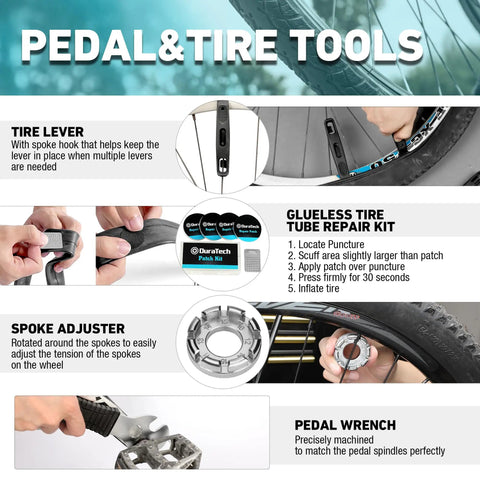 All In One Bike Repair Kit With Storage Box 41 Piece Tools Set For Mountain Road And Park Bicycles Including Chain Riveter Tire Levers Crank Puller And More For Easy Home Maintenance And On The Go Repairs, featuring pedal and tire tool details.