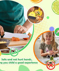 Toy kitchen knife set for kids, 14-piece Montessori; Amazon brand; safe plastic knives with cutting board.