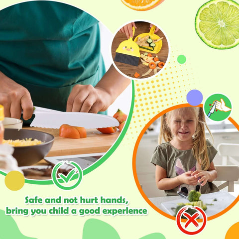 Toy kitchen knife set for kids, 14-piece Montessori; Amazon brand; safe plastic knives with cutting board.