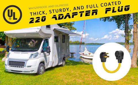 Heavy Duty 30 Amp Dryer To Welder Adapter Cable 20 Inch 250V 10 30P To 6 50R NEMA Plug And Socket beside RV at lakeside