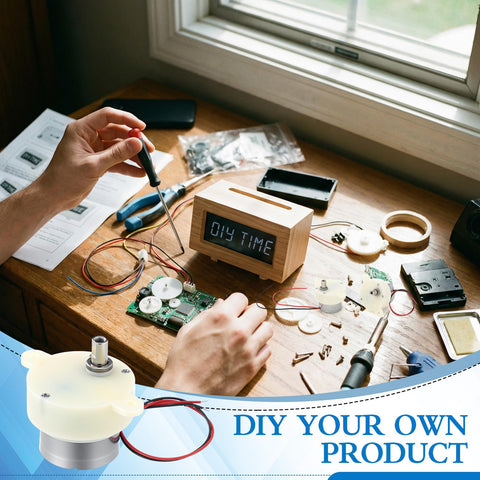 Person assembling DIY clock with Six Pack 6V DC Gear Motors 5RPM Slow Speed High Torque Micro Gearbox on wooden desk.