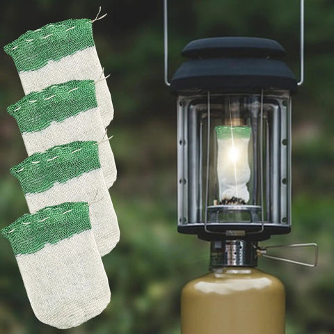 10 Pack U Shaped Lantern Mantles for Propane Lamps next to lit gas lantern, showing mantle installation and outdoor use