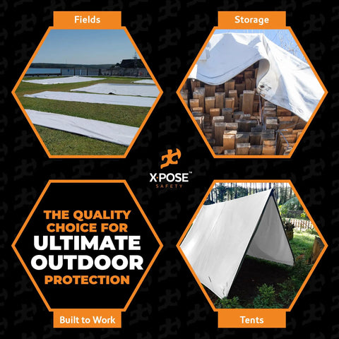 Ultra Heavy Duty White Poly Tarp 8 By 10 Feet used for field cover, storage protection, and tent setup, showcasing durability and versatility.