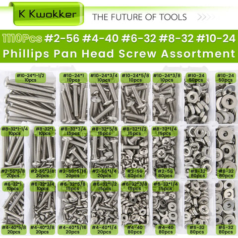 1110 Piece Nuts Bolts and Washers Set With 25 Sizes and 5 Models Stainless Steel 304 Screws and Nuts Assortment Kit For DIY Projects Repairs and Heavy Duty Hobby Work displayed in a plastic compartment organizer.