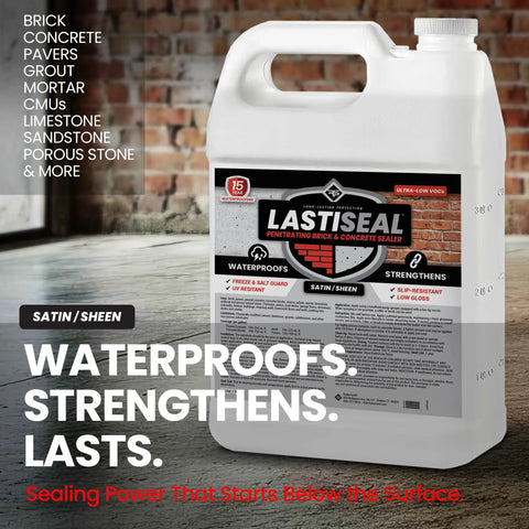 Hardcore Water Based Brick And Concrete Sealer Satin Low Gloss Finish 2 Point 5 Gallon in a white jug on a brick background.