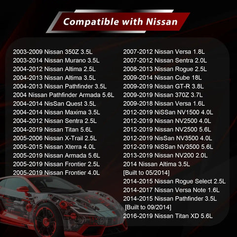 List of Nissan models compatible with Plug And Play MAF Sensor Replacement 22680 7S000, featuring a red sports car illustration.
