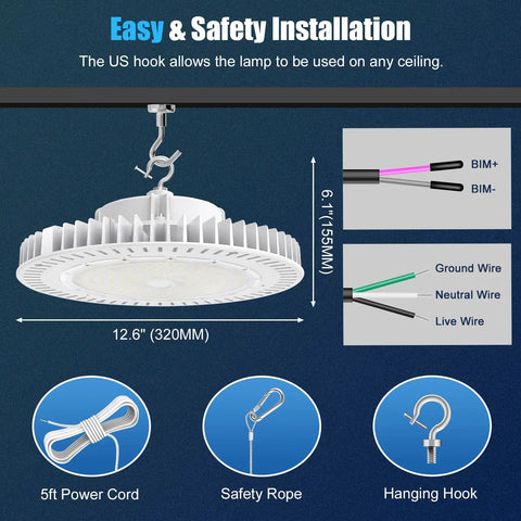 Installation diagram of 200W High Bay LED Light UFO Style 0-10V Dimmable 29,000 Lumen Output 5000K Daylight IP65 UL Listed