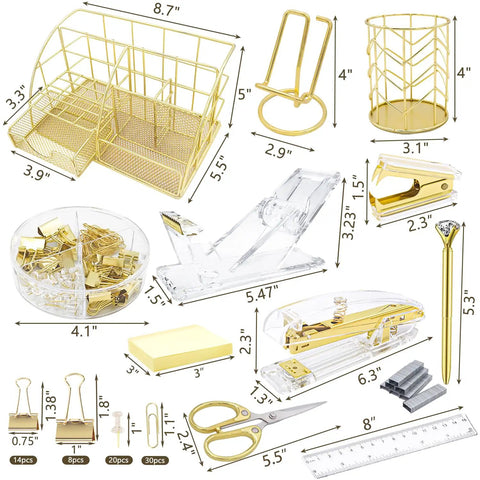Gold Desk Organizer Set With 13 Pieces Of Office Accessories Including Acrylic Stapler, Tape Dispenser, Staple Remover, and more.