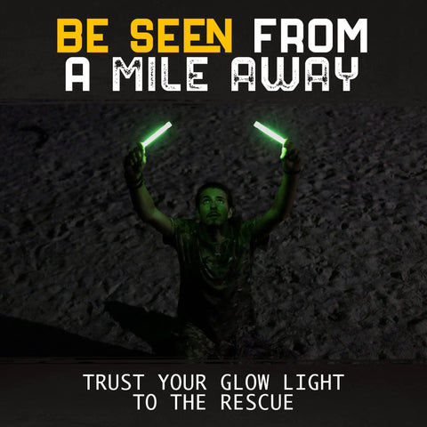 Person holding two ultra bright green glow sticks in the dark, text 'Be Seen From A Mile Away'. Ultra Bright Green Glow Sticks Bulk Pack
