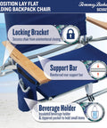 5-Position Lay Flat Folding Backpack Beach Chair With Aluminum Frame in blue, showing locking bracket, support bar, and beverage holder features.