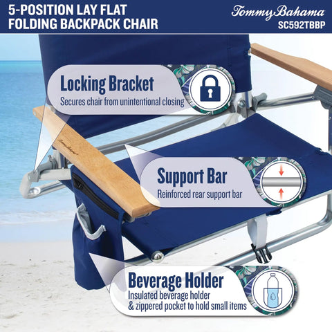 5-Position Lay Flat Folding Backpack Beach Chair With Aluminum Frame in blue, showing locking bracket, support bar, and beverage holder features.