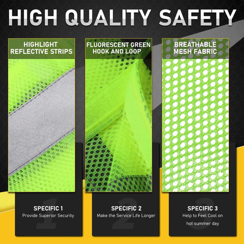 Close-up of 30 Pack Reflective Hi Viz Safety Vests for Men and Women showing reflective strips, velcro, mesh fabric