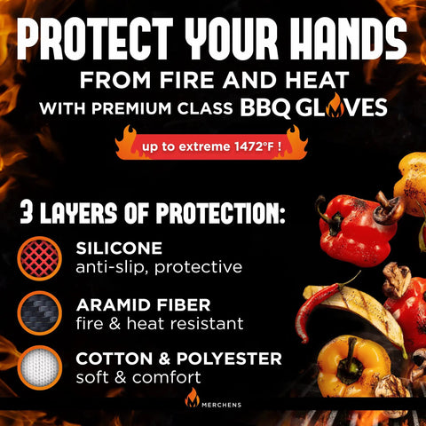 Ultimate BBQ Grill And Oven Gloves Heat Resistant To 1472F with silicone, aramid, cotton layers for grilling and fire pits.