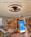 Person using cellphone app for Low Profile Flush Mount Ceiling Fan With Light And Remote Black Round Bladeless Ceiling Fan For Small Rooms