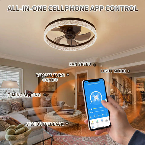Person using cellphone app for Low Profile Flush Mount Ceiling Fan With Light And Remote Black Round Bladeless Ceiling Fan For Small Rooms