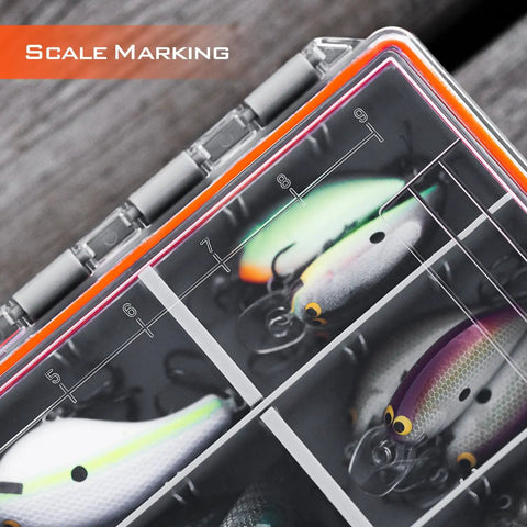 HyperSeal Waterproof Tackle Box With Removable Dividers For 3600 And 3700 Trays showing scale markings and organized lures.