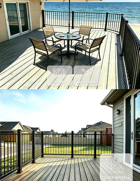 Heavy Duty Black Deck Railing Kit With Reinforced Aluminum Posts And Code Compliant Handrails featured on outdoor porches.