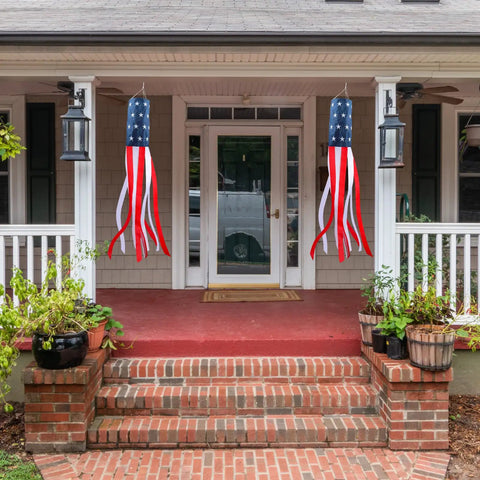 All American 60 Inch Windsock For Outdoor Decor hanging on porch, heavy duty 210D nylon with embroidered stars, red white blue design