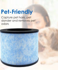 Replacement Filter For Instant AP100 Air Purifier 3 In 1 H13 Grade Filtration shown with pet-friendly label and woman with dog