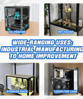 Examples of 40x40 T Slot Aluminum Profile 1000mm Black Four Pack for Framing and Workstations used in various setups like 3D printers and storage racks.