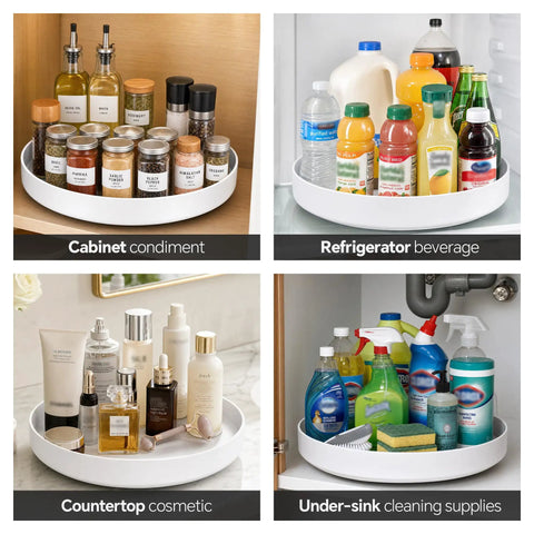 Image showing an 11.8 Inch Lazy Susan For Refrigerator And Pantry organizing condiments, beverages, cosmetics, and cleaning supplies.