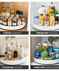 Two Pack White 11.8 Inch Lazy Susan Turntable With Slick Three Sixty Spin And Reliable Nonslip Base For Hassle Free Refrigerator Cabinet Spice Rack Setup organized with condiments, drinks, cosmetics, and cleaning supplies.