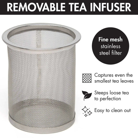 Close-up of fine mesh stainless steel filter for Half Moon Glass Teapot With Removable Infuser And Fine Mesh Stainless Steel Filter Dishwasher Safe 40 Ounce Black Tea Maker Borosilicate Glass With Protective Handle Easy Pour with text highlighting features.