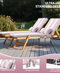 Two Piece Chaise Lounge Cushion Set With Head Pillow And Side Pockets, Water Repellent And Weather Resistant Patio Recliner Cushions For Lawn Pool And Beach, Pink Stripe 72 Inch By 21 Inch displayed on wooden patio with plants in background.