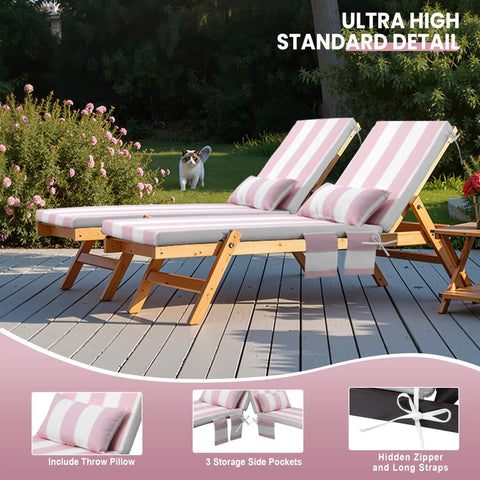 Two Piece Chaise Lounge Cushion Set With Head Pillow And Side Pockets, Water Repellent And Weather Resistant Patio Recliner Cushions For Lawn Pool And Beach, Pink Stripe 72 Inch By 21 Inch displayed on wooden patio with plants in background.