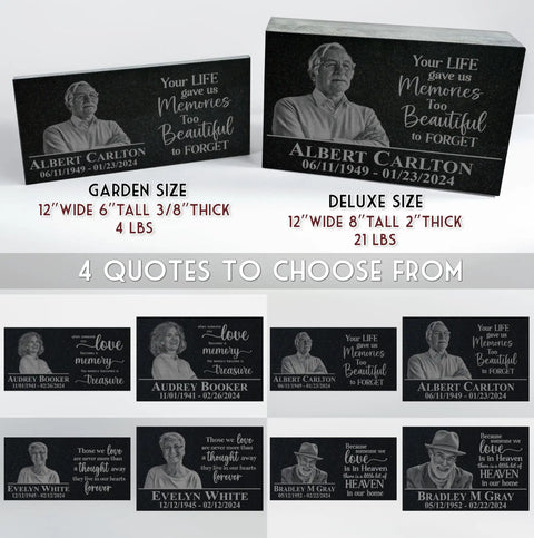 Custom Black Granite Memorial Stone With Your Image For Outdoor Garden And Cemetery Use Personalized Headstone Or Grave Marker Plaque Durable Outdoor Memorial Tablet Forever Keepsake For Loved Ones, showing different sizes and engraving options.