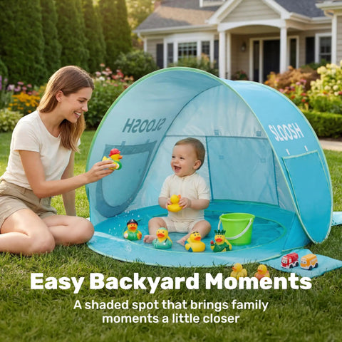 Baby in pop-up baby beach tent with UPF 50 UV protection, portable shade pool, dual mesh panels, outdoor lawn setting.
